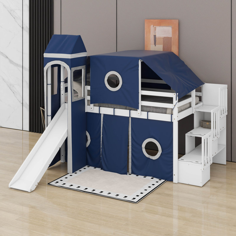 Lit mezzanine double avec tente et tour, Lit double, Bleu