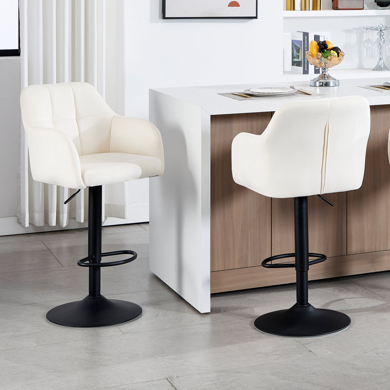 Adjustable Bar Stools with Armrests and Matte Base for Kitchen Island, Cream