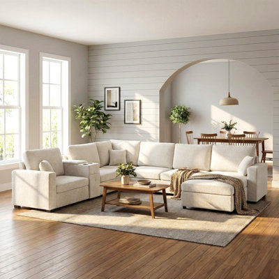 Canapé modulaire à 5 places modulaire à 5 places, canapé en U de 134 po, grand canapé familial avec méridienne, siège profond confortable, porte-gobelets intégrés, tiroir de rangement et coussins pour le salon, beige