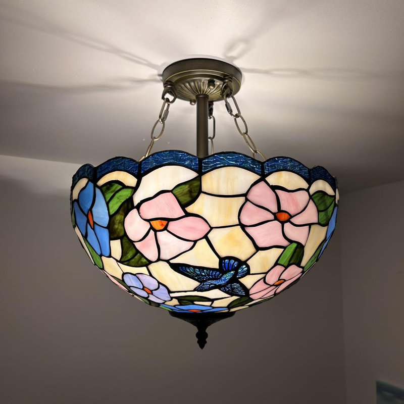 Plafonnier Tiffany avec fleurs de colibri en verre coloré rose et rose 16 po x P 16 po x H 16 po