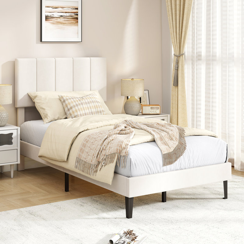 Structure de lit simple en velours, lit plateforme tapissier avec tête de lit réglable beige / gris, White