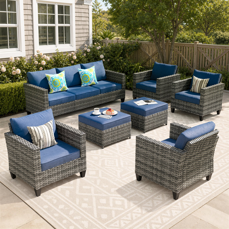 Allcot 7 - Person Wicker/Rattan Patio Furniture Set, Outdoor Sofa Set with Comfy Cushions, No, Denim Blue