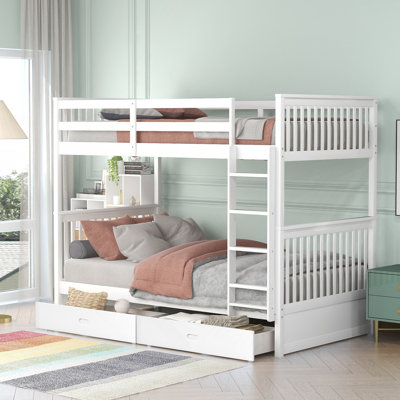 Lit superposé simple au-dessus de simple avec échelles et deux tiroirs de rangement (blanc)