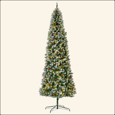 9Ft Pre-Lit Snow-Dipped Artificial Christmas Tree With Realistic Branches, 460 LED Lights, Pine Cones, Red Berries And 1298 Tips