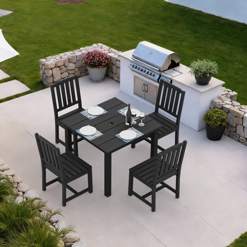 Outdoor Patio Dining Set, Including A Square Table And 4 Armless Chairs, Black