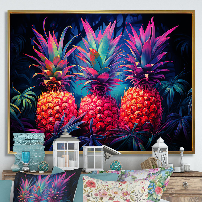 Nectar néon ananas II, H 16 po x l 32 po x P 1 po, Cadre flottant doré
