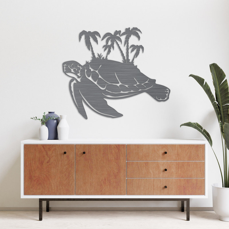 Art mural abstrait de tortues avec palmiers sur le dessus - ACM, H 26,1 po x l 32 po x P 0,25 po, Noir