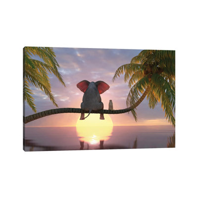 «Elephant and Dog Sit on a Palm Tree on the Beach» par Mike Kyiv - impression sur toile tendue