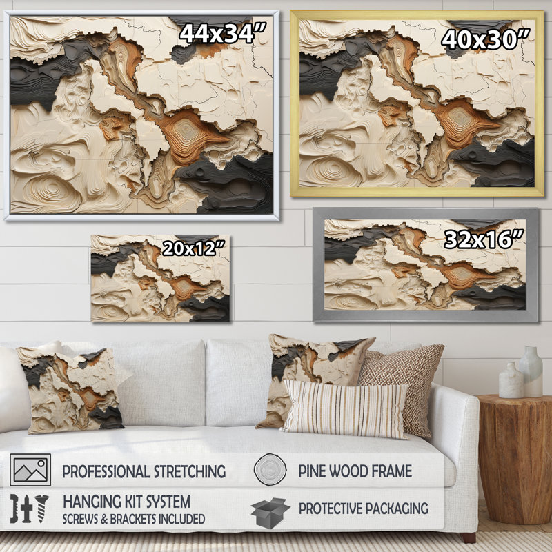 Collage de rivière africain beige et brun - formes abstraites, impression sur toile - sans texture, H 16 po x l 32 po, Doré