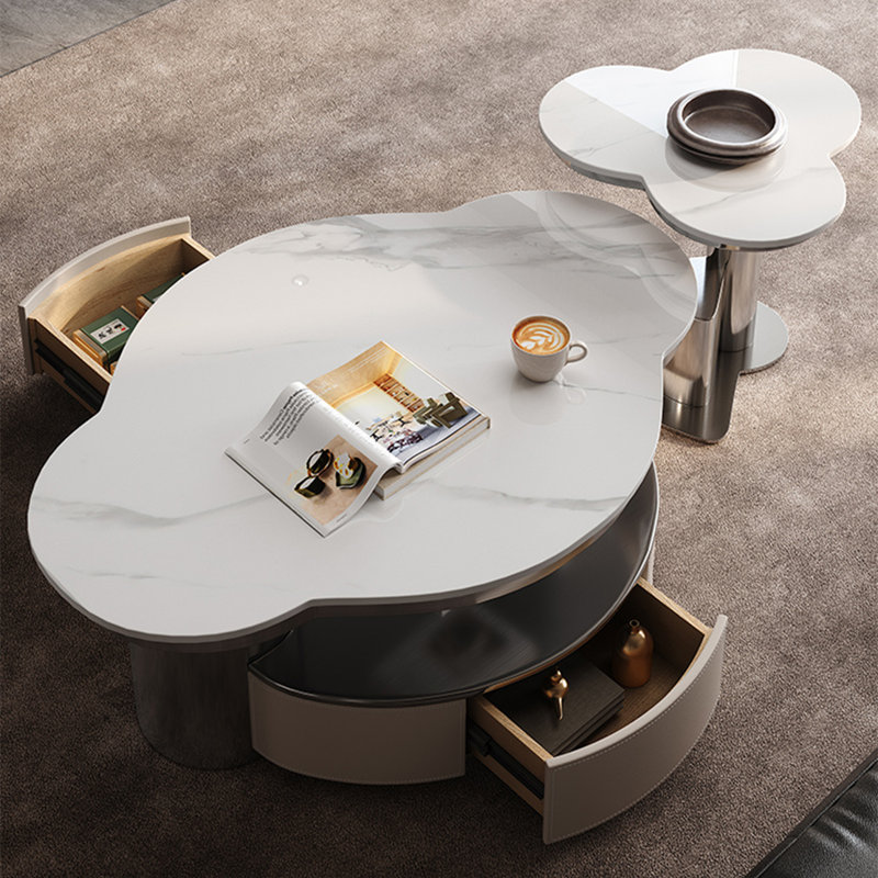 Luxury-Style Modern Granite Tile Coffee Table Set, White/Grey