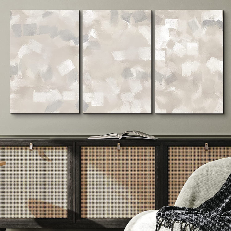 Abstract Muted Beige And Grey Color Blocks Neutral Room Decor Framed Canvas 3 Pieces Print Wall Art, Wrapped Canvas, No Frame
