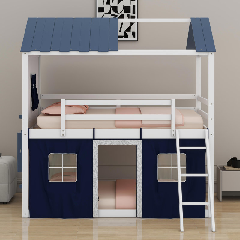 Lit superposé en bois avec fenêtres élégantes, Blanc/bleu