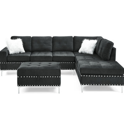 Canapé modulaire en velours noir avec méridienne réversible, porte-gobelets avec rangement inclus, velours, 3 motifs
