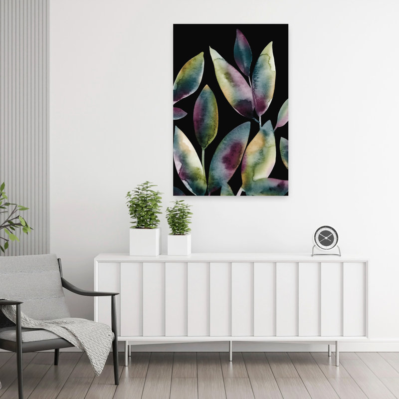 Aquarelle, feuilles, noir, 2, abstrait, contemporain, nature, plante, art mural, 36" H x 24" W