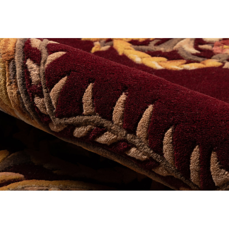 Tapis décoratif Bourgogne en laine Touffeté à la main à motif floral Aerith, Rectangle 8 pi x 11 pi