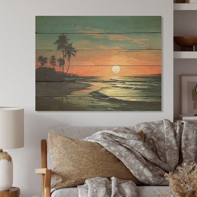 Sarcelle, escapade tropicale, coucher de soleil - palmiers et palmiers, art sur bois de pin naturel