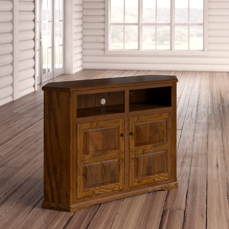 Rafeef Unfinished Corner TV Stand for TVs up to 65", Plain Glass, Sassy Gold Oak