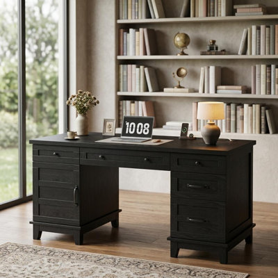 Bureau de direction de ferme 60 po avec prise de courant - Bureau à domicile en bois avec tiroirs classeurs et armoire réglable - Table d'étude patinée
