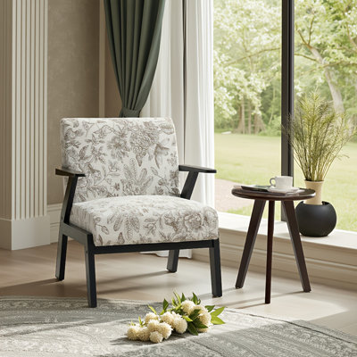 Fauteuil de style Mid-Century avec tissu brodé beige et gris pour salon, bureau