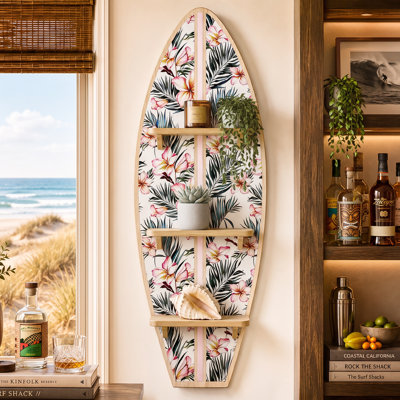 Étagère murale en bois à 3 niveaux, motif planche de surf, fleurs tropicales et feuilles de palmier (33 x 89 cm), décoration florale côtière avec imprimé frangipanier, idéale pour la chambre, le salon, le bureau et la salle de bain.