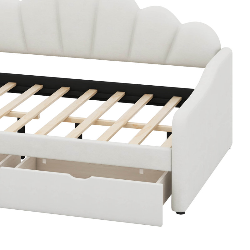 Full Size Modern Upholstered Sofa Day Bed With Shall Shaped Backrest & Storage Drawers, Beige