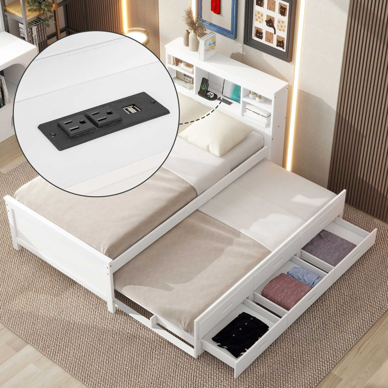 Twin Size Platform Bed With Storage Headboard, Usb, Wood Bedframe With Twin Size Trundle And 3 Drawers, For Kids Teens , No Box Spring Needed, Easy Assembly, White