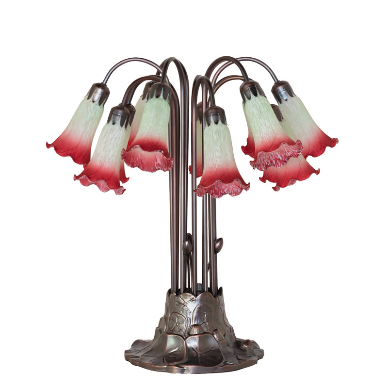 24" High Blue/White Tiffany Pond Lily 12 Light Table Lamp, Green/Red