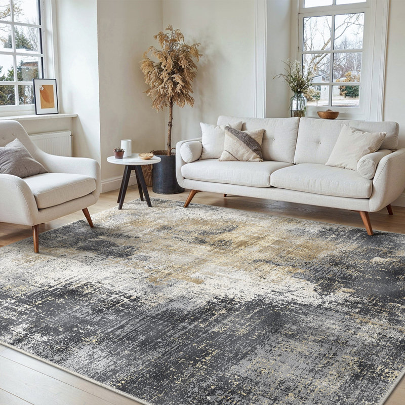 Abstract Area Rug, Black/Gold/Beige, Rectangle 200 x 290 cm