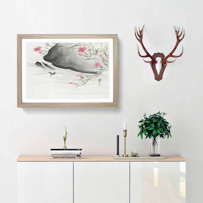 Pink Flowers & Insect by the River by Ohara Koson - Framed Print, Oak, 40cm H x 60cm W x 2cm D