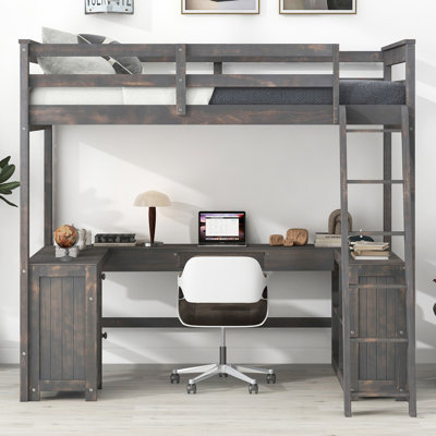 Lit mezzanine double antique brun avec bureau en forme de U et riche armoire de rangement - bois stable avec bureau, tablettes intégrées pour la chambre à coucher