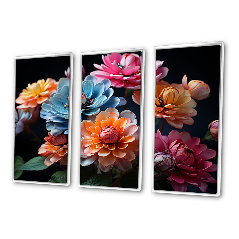 Zinnias illuminé au clair de lune - ensemble d'art mural sur toile Zinnias, H 40 po x l 60 po x P 1 po, Cadre flottant blanc