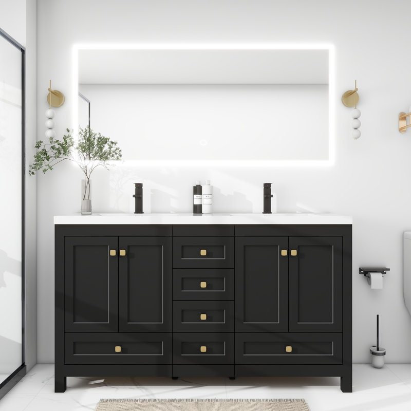 Wimer 60'' Modern Double Sink Bathroom Vanity with Spacious Resin Top, Faucet, Assembly Required, Black