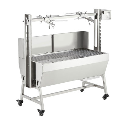 Barbecue au charbon de bois en acier inoxydable robuste de 37 po - capacité de 132 lb, moteur de 52 W, hauteur réglable, pare-vent, roues verrouillables - BBQ extérieur - manivelle et fiche, avec déflecteur, taille 37 x 17,3 x 42 po