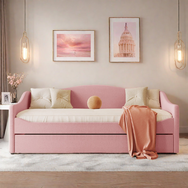 Upholstered Daybed With Led Light And Trundle, Pink