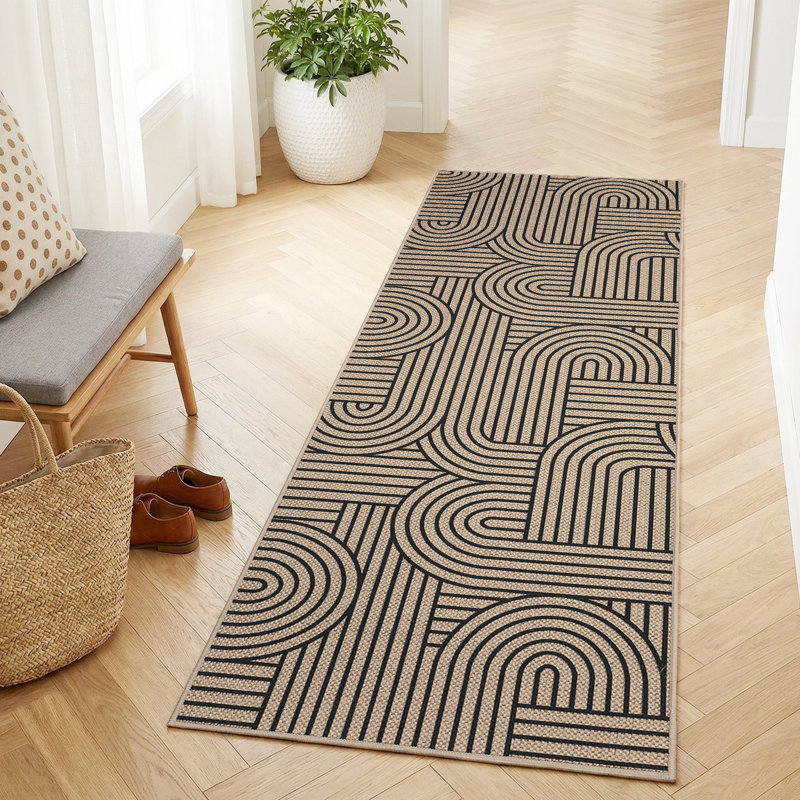 Thin Washable Jute Runner Rug – Non-Slip, Non-Shedding, Modern Neutral Rainbow Abstract Carpet for Entryway, Living Room, Dining, Patio