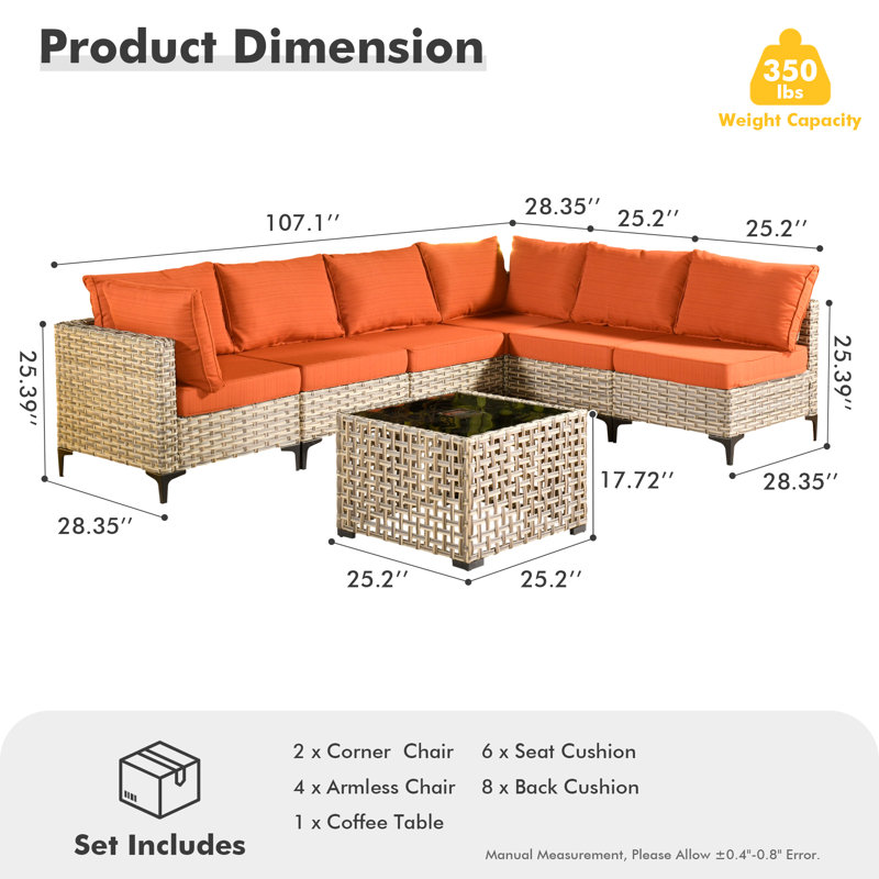 Ensemble de conversation modulaire en osier pour 6 personnes avec table basse lumineuse, ensemble de conversation moderne en rotin avec coussins Emroy