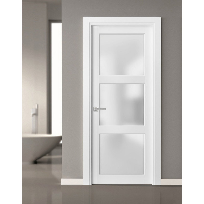 Porte de cuisine prémontée Lucia 2552 Blanc Soie avec verre opaque, panneau unique, cadre et finitions soignées, pour salle de bain et chambre à coucher, portes robustes - 91,4 cm x 213,4 cm