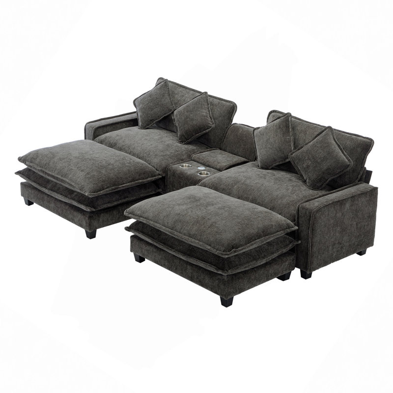 Canapé modulaire en chenille de 111 po avec deux repose-pieds amovibles, deux ports USB, deux porte-gobelets et une grande boîte de rangement pour le salon