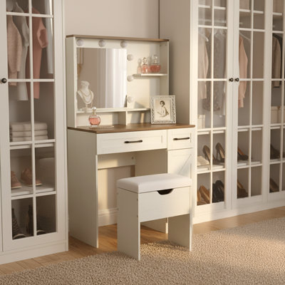 Organisateur de meuble-lavabo moderne avec miroir éclairé et rangement, table de maquillage avec tabouret et tiroirs pour la chambre à coucher