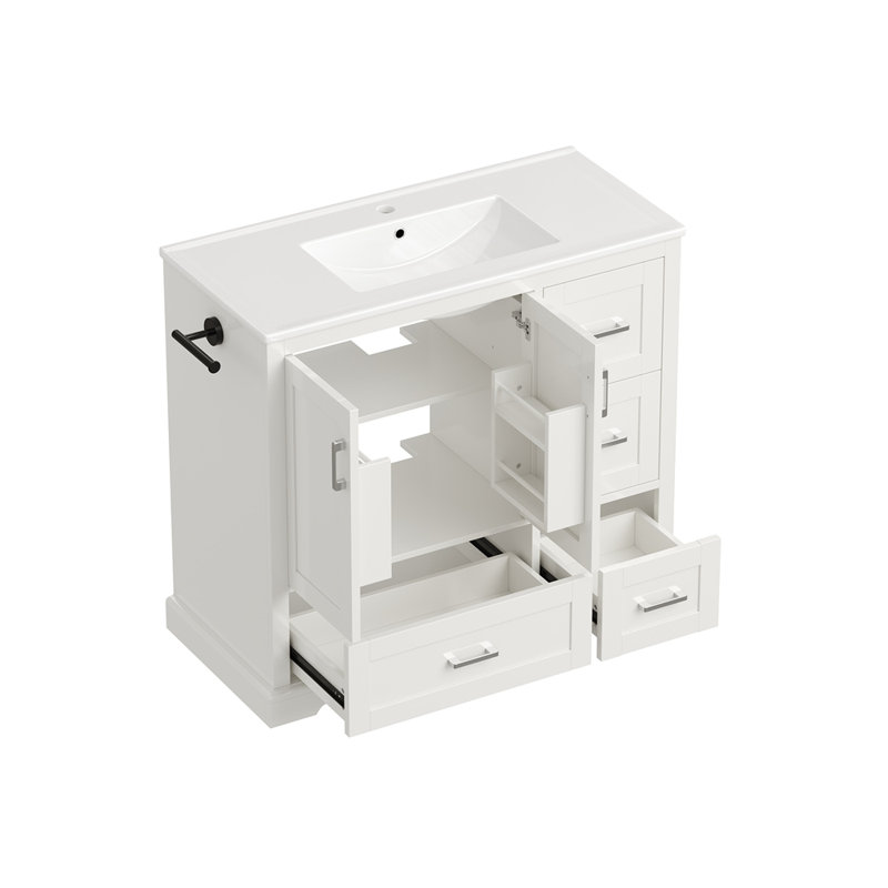 Meuble-lavabo blanc 42 po avec lavabo en céramique 42 po - Armoire autoportante à 4 tiroirs (top 2 avec séparateurs), portes à fermeture en douceur avec tablettes intérieures, porte-serviettes latéral réversible, poignées argentées, panneau de fibres à densité moyenne