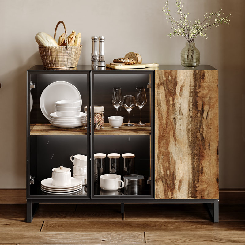 High Gloss Curio Display Cabinet For Collectibles, 120cm W Lighted Bookshelf, Metal And Wood Bookshelf With Glass Doors, Rustic Glass Display Case For Living Room, Black & Wood Grain