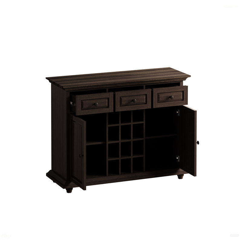 Armoire de rangement 3 portes 2 tiroirs de style rétro avec support à vin à 12 grilles, pour le salon, la cuisine, la salle à manger