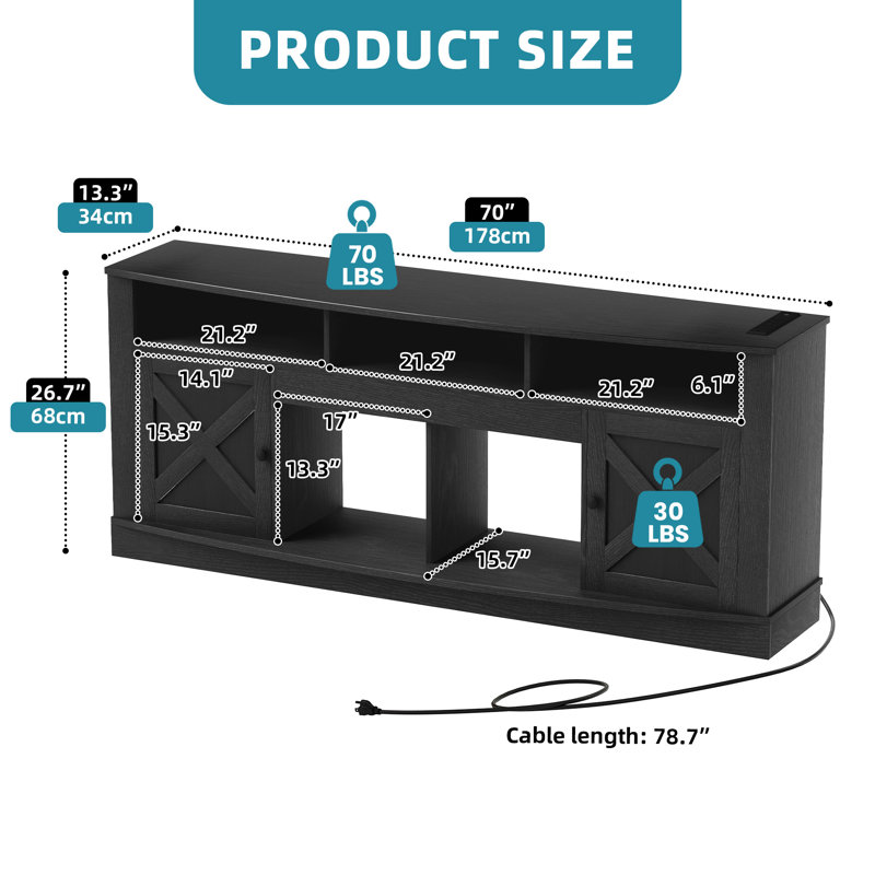 70" Farmhouse TV Stand, Modern Media TV Console Table With Timeless Barn Doors & Storage Cabinets, Black