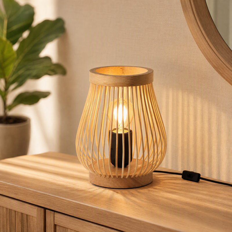 Boho Mini Table Lamp 7" Height, Small Rattan Bedside Accent Lamp, Handwoven Bamboo Night Light for Bedroom, Dorm & Small Space Decor
