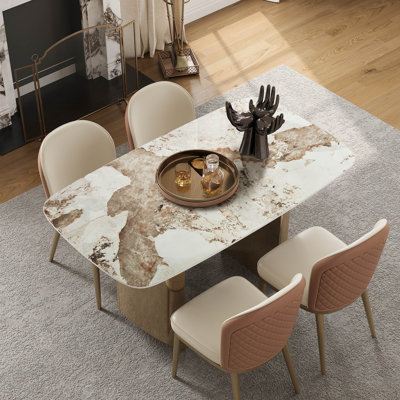 55" Luxury Dining Table with Random Natural Pattern Sintered Stone Top & Metal Base, Modern Rectangular Dining Table, Elegant Kitchen Dining Room Furniture,4-chair
