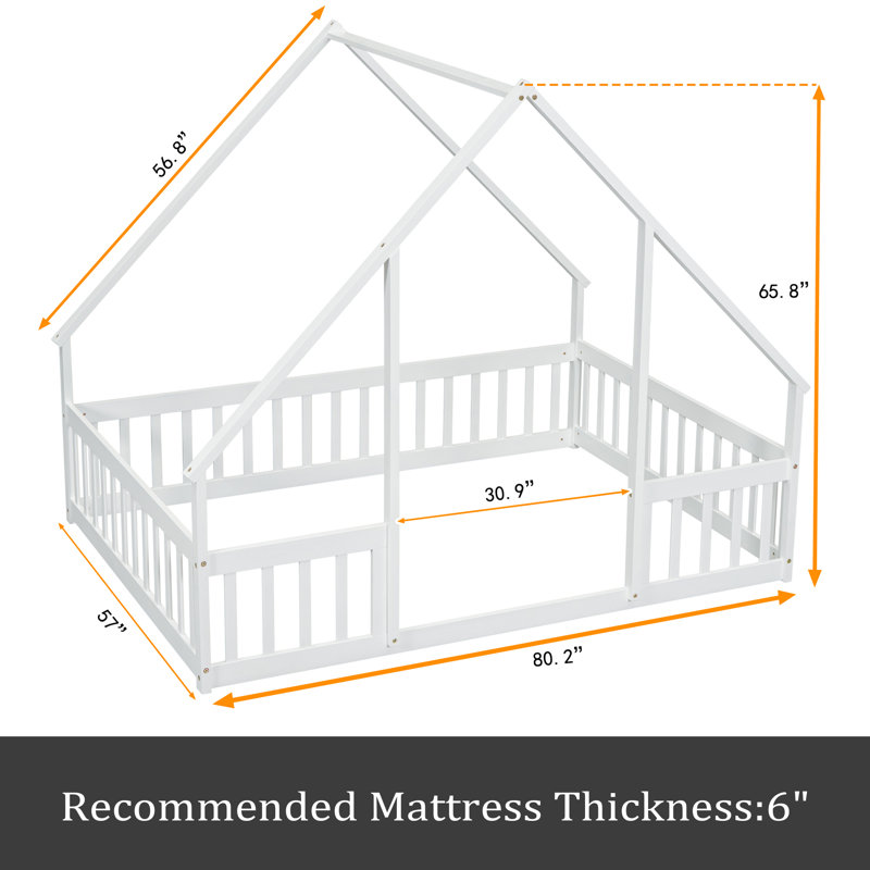 Wood House-Shaped Floor Bed With Fence, Guardrails, Full, White