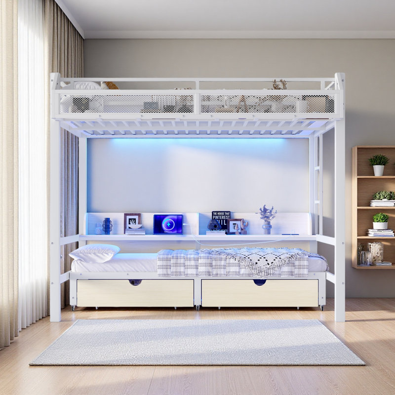 Queen Over Queen Bunk Bed With Storage Shelves And Drawers,Multifunctional Metal Bunk Beds With USB Ports And LED Lights, Lower Bed That Can Be Converted Into A Sofa