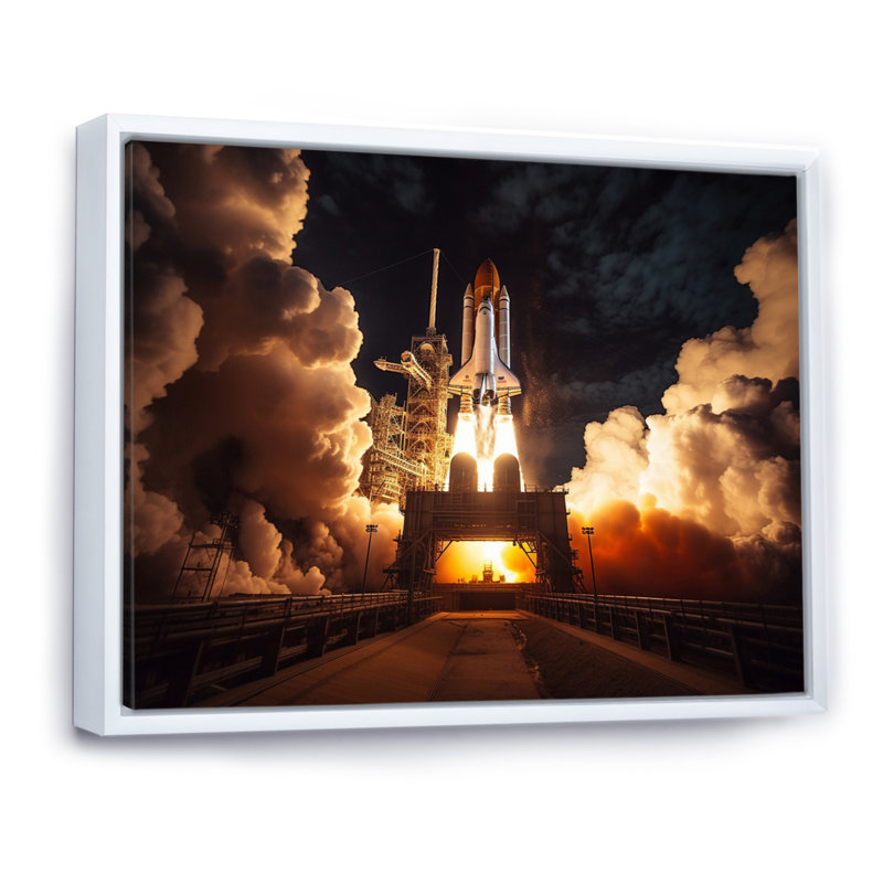 Space Shuttle Captivating Night Launch I - Space Shuttle Wall Decor, H 16 po x l 32 po x P 1 po, Cadre flottant blanc