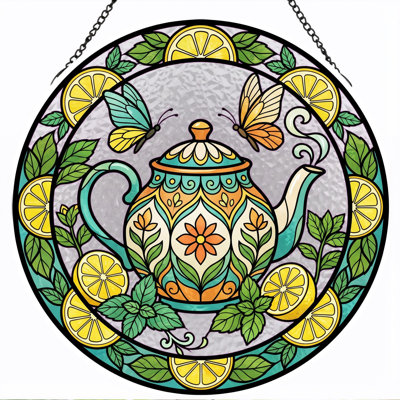 Teapot Lemon Stained Glass Window Panel，12"H