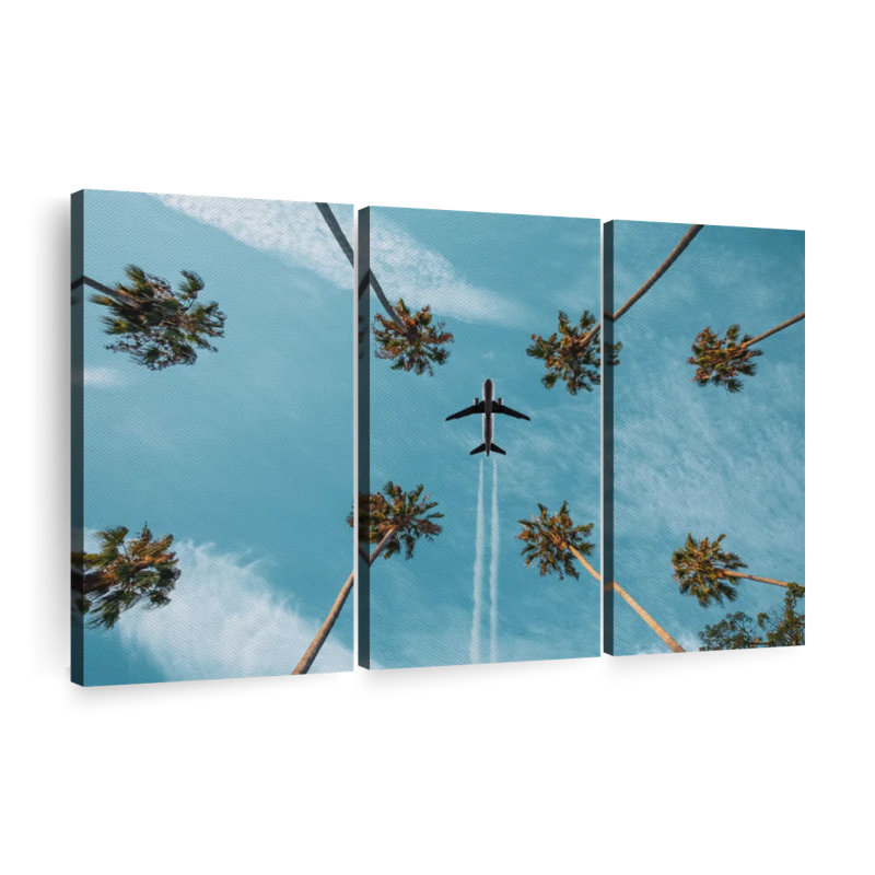 "Air plane au-dessus de palmiers" sur toile, H 20 po x l 33 po x P 1,25 po